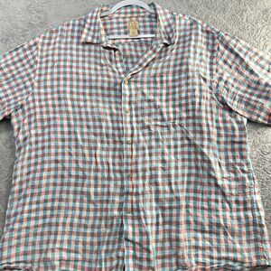 Jos. A. Bank Mens XXL Shirt 100% Linen Short Sleeve Gingham Blue Pink Plaid